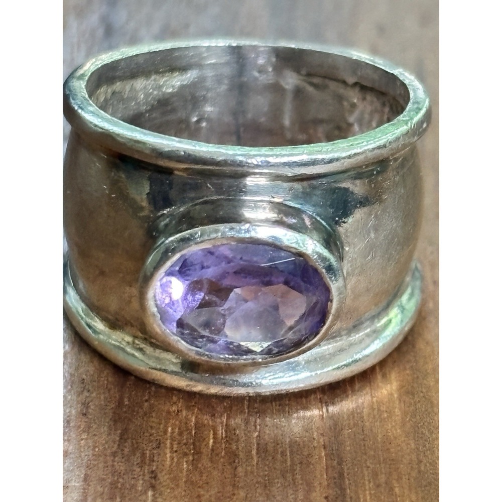 Vintage 925 Sterling Silver Oval Amethyst Wide Cigar Band Ring Size 6.75